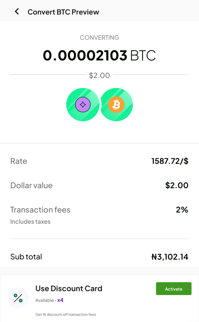 Convert BTC Preview page on the Crane app