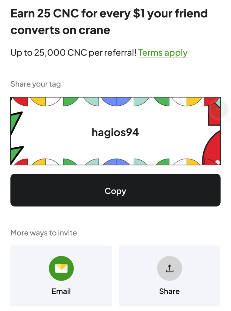 Invite A Friend page on Crane. 