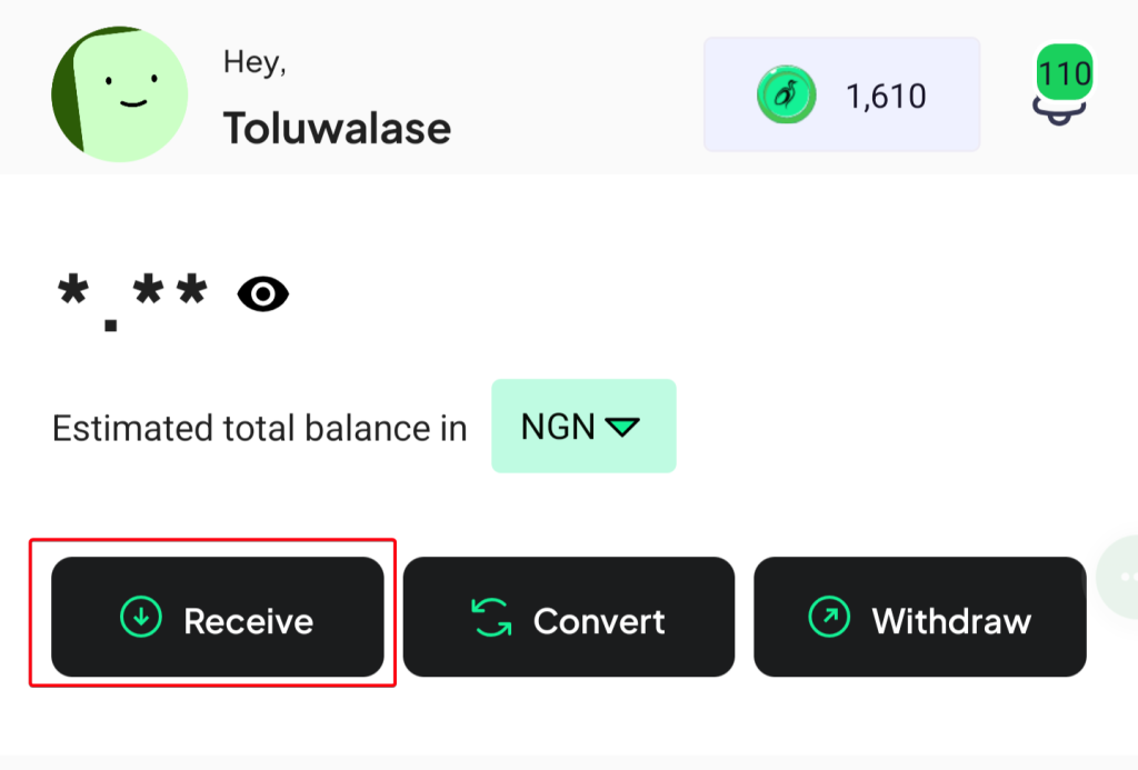 The "Receive" tab on the Crane app homepage.