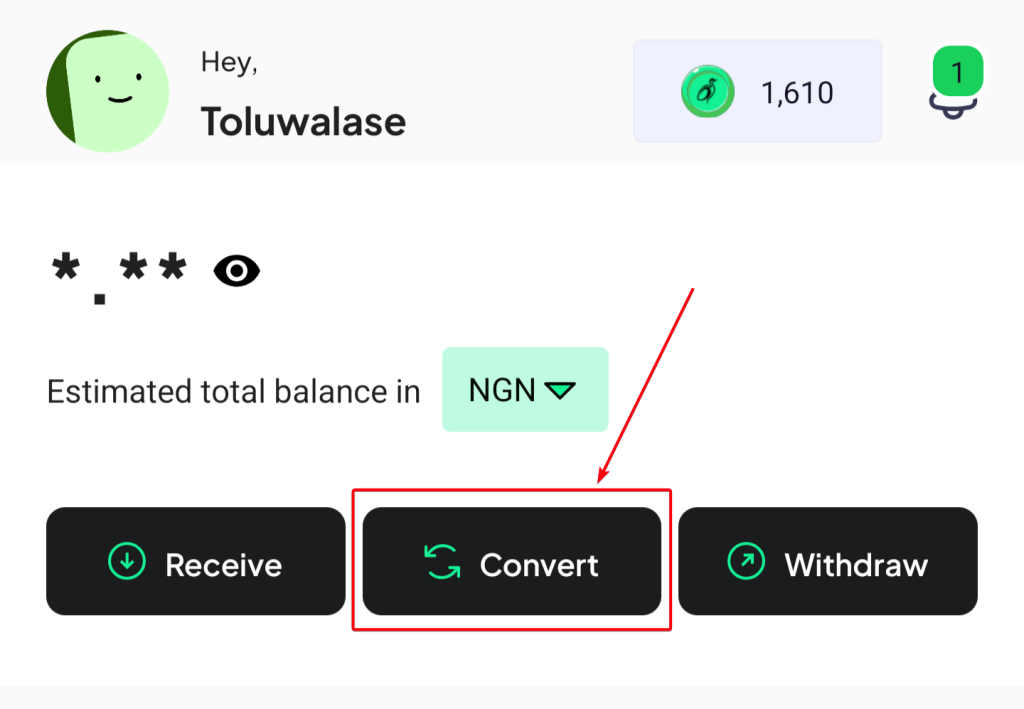 An image highlighting the "convert" button used to convert crypto to naira on Crane. 