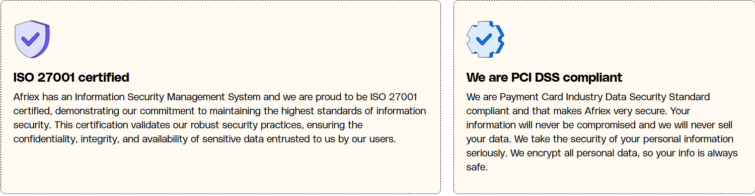 Afriex claims to be PCI DSS compliant and ISO 27001 certified