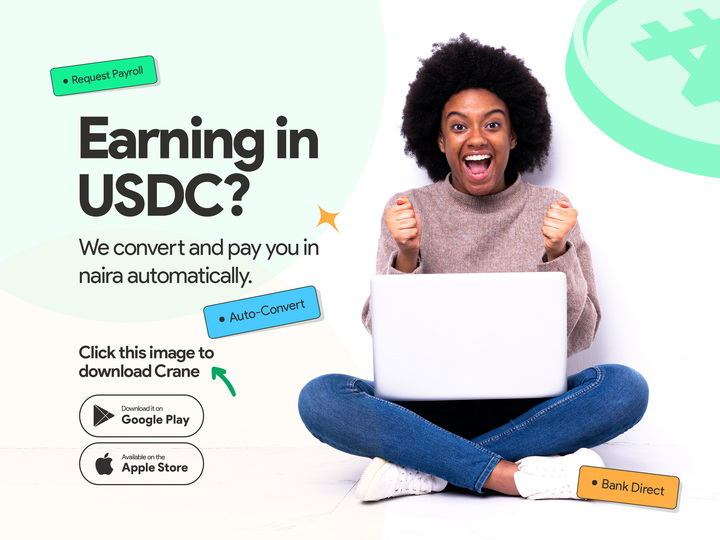 An image that highlights the text "Earming in USDC? We convert and pay you in naira automatically." The image is designed to help visitors download the Crane app to use it to receive and convert crypto to naira.
