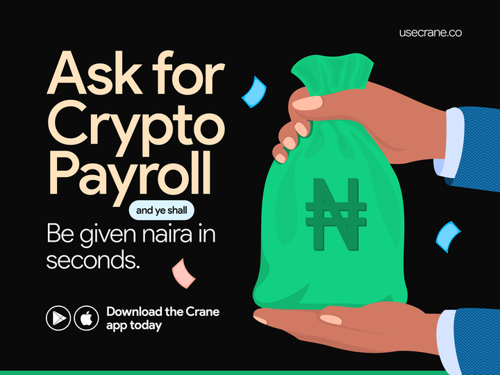 An infographic with the inscription "Ask for crypto payroll and ye shall be given naira in seconds" to encourage users to use the Payroll Request feature to receive money from international clients.