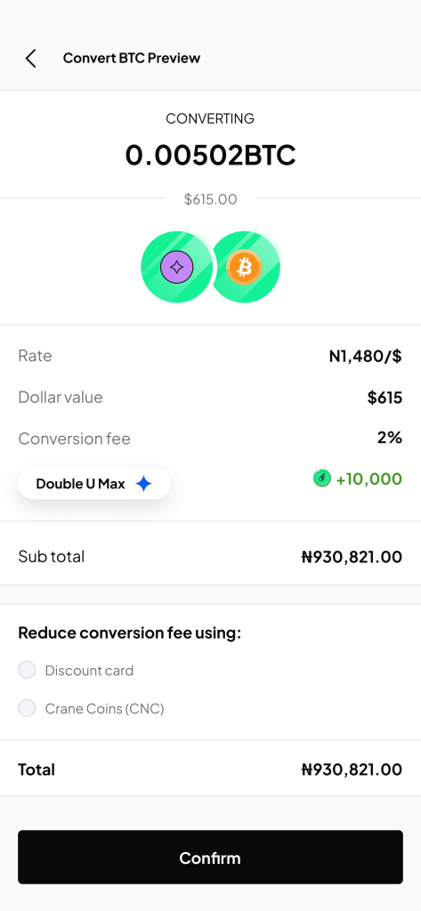 A "Convert BTC preview" showing the rate, Dollar value, Conversion fee, and Double U Max bonus.